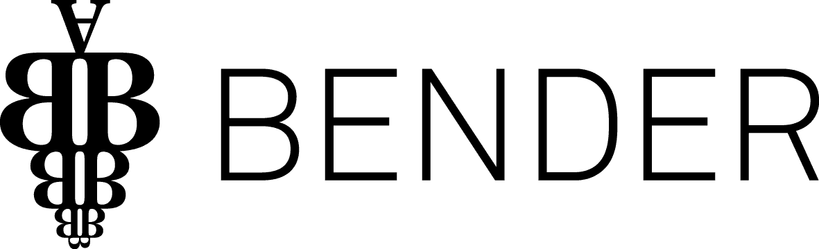 Logo von „BENDER WEIN“ in einer fetten, stilisierten Schriftart mit einem markanten grafischen Element.